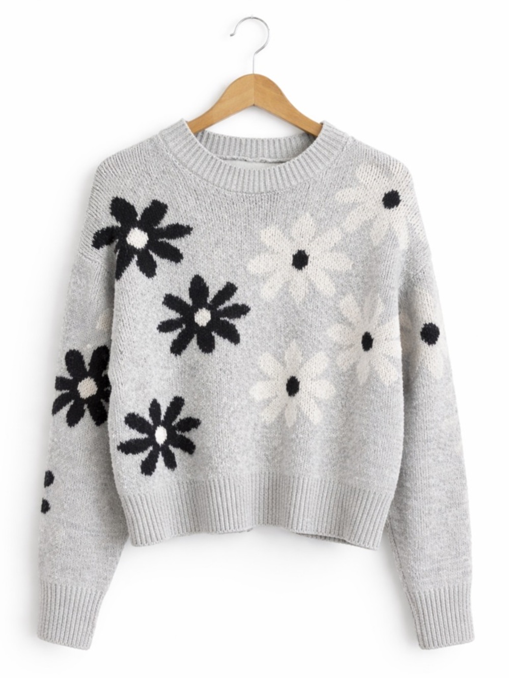 Freshman 1996 Gray Floral Sweater S Black White Flower Cozy Knit Pullover